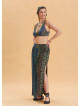 Navy Blue Long Skirt with Elastic Waist and Deep Slit 4502